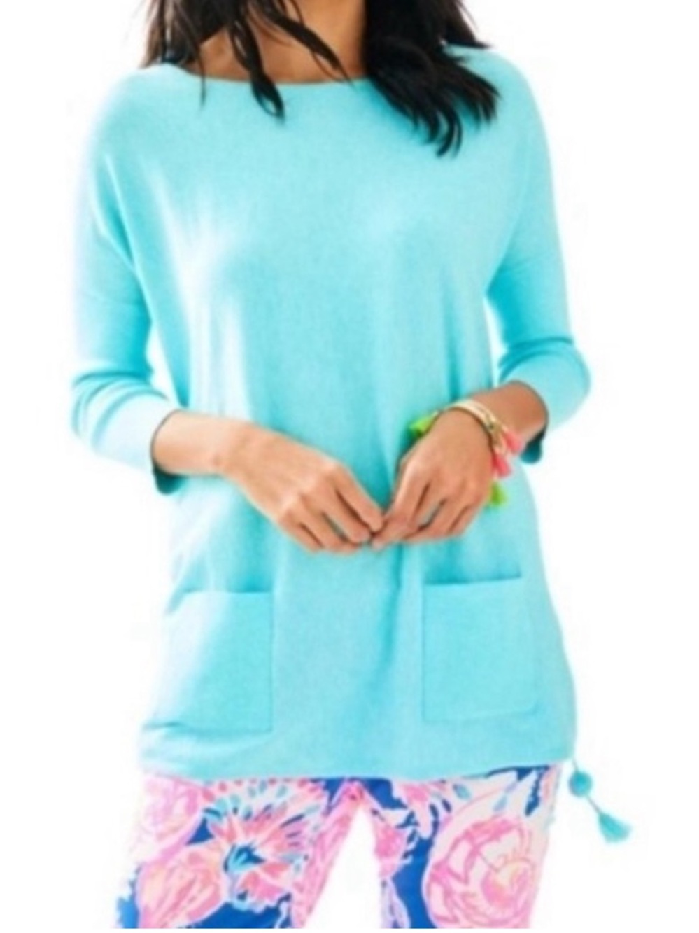 Lilly Pulitzer Elba Sweater Heathered Seasalt Blue Size Small Tassel Side Tie